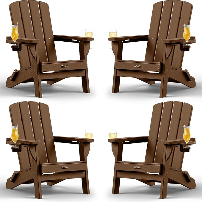 Folding Adirondack Chair 4 Pack, HDPE All-Weather Fire Pit Chairs, Plastic Adirondack Chairs with 2 Cup Holder, Outdoor Lawn Chair for Patio Garden (Brown)