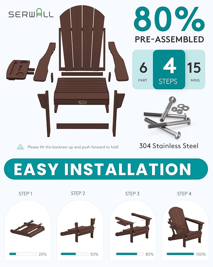 SERWALL Folding Adirondack Chair for Outdoor, Paito Adirondack Chairs with 4 in 1 Cup Holder, All-Weather Patio Chairs with Wood Texture, Fire Pit Chairs for Deck Porch Garden Poolside -Coffee