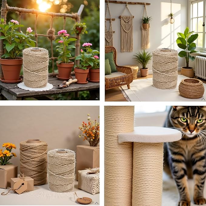1/6 in (4 mm) X 328 Ft (100 Meters) Jute Twine Rope String for Home Decorating, Cat Scratcher Post Tree, DIY Arts Crafts, Garden, Binding, Packing Material