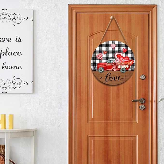 Valentines Day Love Truck Door Sign For Front Door Decor,Black and White Buffalo Plaid Red Heart Wooden Sign 12"x 12" Round Wood Hanging Door Sign Decoration for Wall Rustic Farmhouse Porch Decor