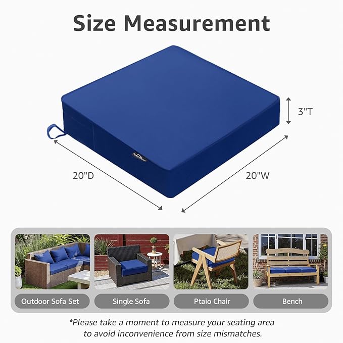 Outdoor Chair Cushions 20 x 20 x 3 Inch, Waterproof & Fade Resistant Patio Seat Cushion for Furniture with Handle and Ties, Thick Seating Pads for Outside Sofa Couch Set of 2, Blue