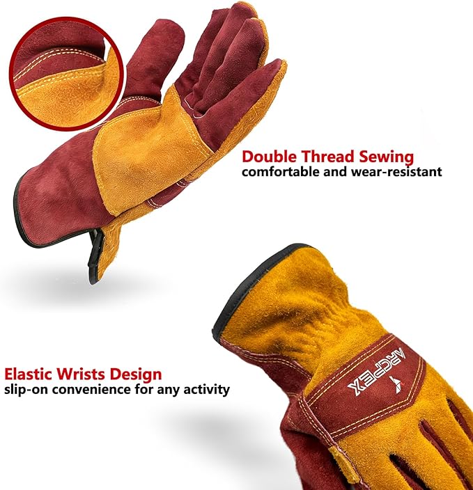 10IN Leather Work Gloves, Heavy-Duty Welding Gloves for MIG TIG Welding, Gardening, Construction, Farm, Wood Chopping Cowhide with Cotton Liner Safety Thorn Proof Gloves Hand Protection(Large)