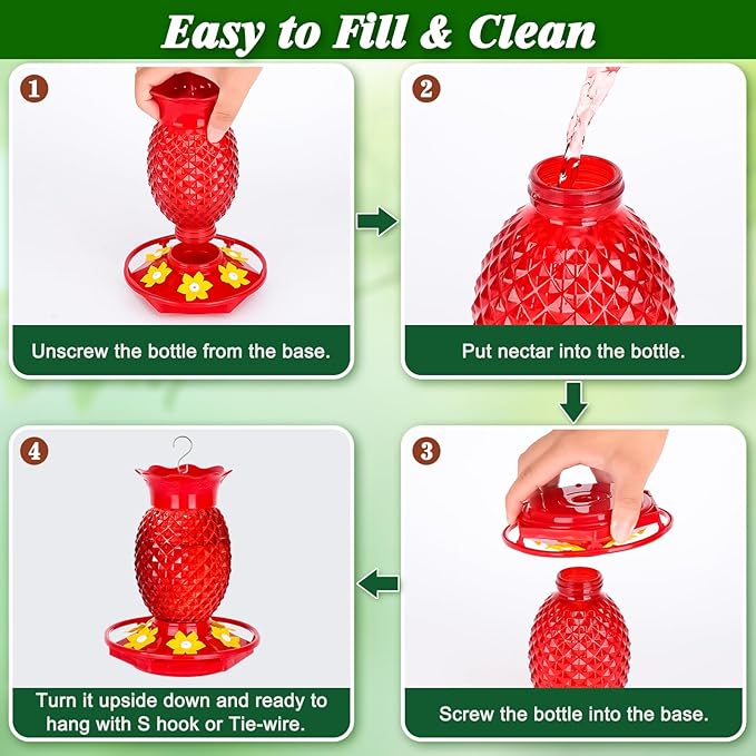 Glass Hummingbird Feeders for Outdoors Hanging Ant and Bee Proof 16OZ 2 Pack Red Pineapple Humming Bird Feeder with 6 Feeding Ports and Ant Moat Hummingbird Gifts for Women Garden Decor