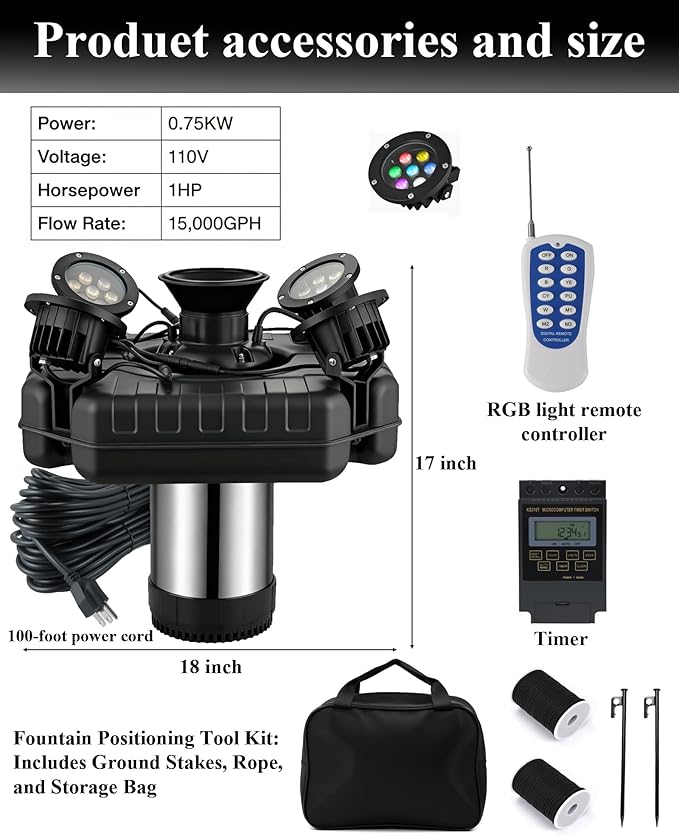 Pond Fountain Aerator with Lights, 1 HP with Dynamic RGB Lighting, Adjustable Modes, Digital Timer, for Large Ponds, Lakes & Outdoor Water Features, 15,000 GPH, 750W 110V, 100FT Cord