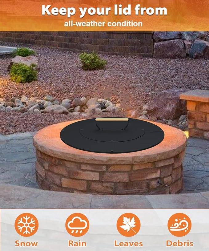 20" Wooden-Handle Fire Pit Lid for Pits up to 18", Round Metal Bonfire Pit Burner Pan Cover, Smokeless Fire Pit Cover for Fire Tables, All-Weather Resistance Outdoor Firepit Accessory