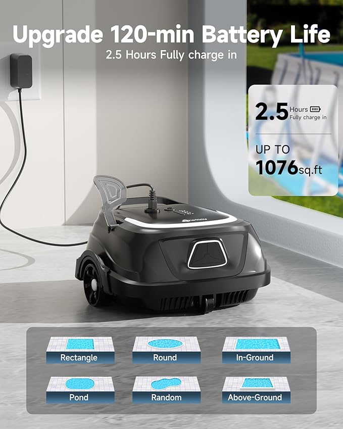 (2026 Upgraded) A1 Robotic Pool Vacuum for Above Ground Pools, Dual Filters, Self-Parking, 120-Min Runtime & 2.5h Fast Charging, Powerful Suction, Ideal for Flat Pools up to 1076 sq.ft (Black White)