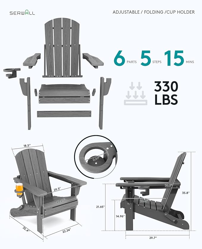 SERWALL Folding Adirondack Chair Set of 2, Adjustable Adirondack Chair with 3 Recline Positions, All Weather HDPE Outdoor Adirondack with Cup Holders, Gray