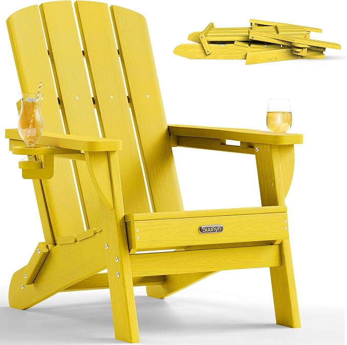 Folding Adirondack Chair, HDPE All-Weather Fire Pit Chairs, Plastic Adirondack Chairs with 2 Cup Holder, Outdoor Lawn Chair for Patio Garden (Yellow)