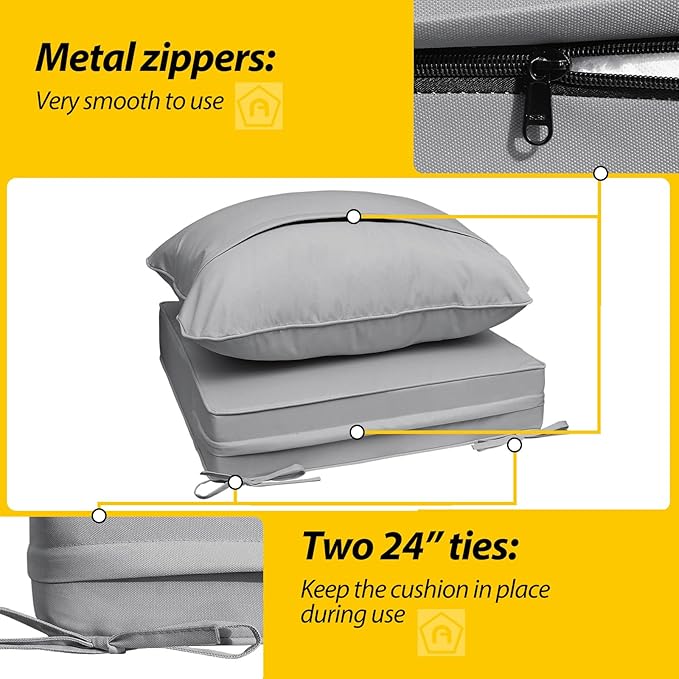 AAAAAcessories Outdoor Deep Seat Cushions, Waterproof, Fade-Resistant Patio Furniture Replacement Cushions, 24" x 24" x 5", Set of 4, Gray