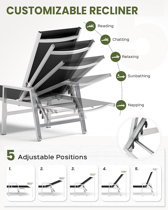 Patio Chaise Lounge Chair Outdoor with Wheels&Armrests, Aluminum Pool Lounge Chairs 5-Position Adjustable Recliner, Outdoor Beach Lounge Chairs for Poolside, Patio, Deck, Yard, Black