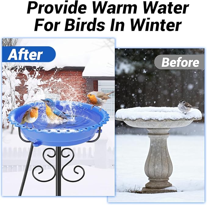 Heated Bird Baths for Outdoors,Upgraded 100W Thermostat Control Heated BirdBaths for Winter with Metal 5 Prong Base Heated Bird Bath for Outside Winter Garden Yard Patio Lawn (Blue)