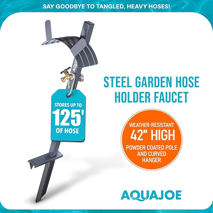 Aqua Joe Steel Garden Hose Stand with Brass Faucet and Quick-Install Anchor Base - Heavy-Duty Freestanding Holder for Outdoor Lawn, Yard & Garden Hose Storage, SJ-SHSBB-GRY