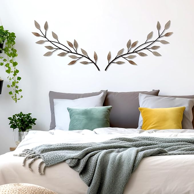 LWHZHE 2 Pieces Vintage Tree Leaf Wall Art Vine Metal Bathroom Wall Decor Olive Branch Wall Decor Living Room Tree Wall Art for Outdoor Hallway Kitchen Garden (Rustic Brown)