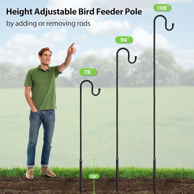Bird Feeder Pole, 94" Shepherds Hooks for Outdoor Heavy Duty, Hummingbird Feeders Stand for Hanging Plants, Metal Shepherd Hook Hanger Stick with Stable Ground Anchor for Outside Garden Yard Wedding