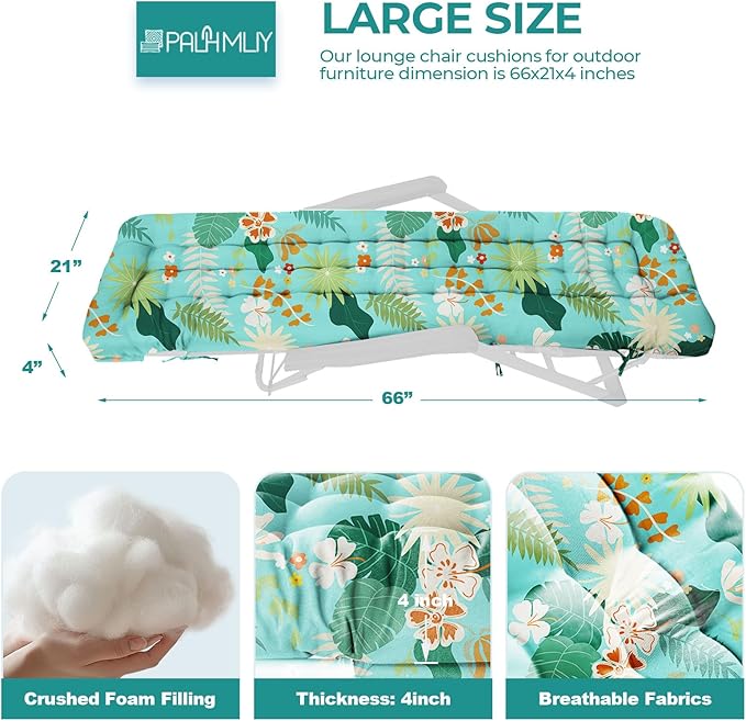 Outdoor Chaise Lounge Chair Cushion Waterproof 66 x 21 x 4 Inches Cotton Lounge Chair Cushions with Ties, Soft Thickened Lounge Chair Cushions for Indoor Outdoor Furniture (Green Flower Leaf)