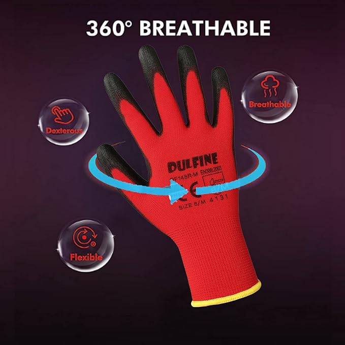 Safety Work Gloves PU Coated-12 Pairs,Red Seamless Knit Glove with Polyurethane Coated Smooth Grip on Palm & Fingers, for Men and Women, Ideal for General Duty Work (Extra Large)