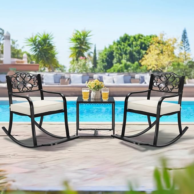 VINGLI Metal Rocking Chair, Outdoor Rocking Bench with Cushion, Patio Rocker with Footrest, Weatherproof Rocking Chair for Outside, Patio, Garden, Flower Backrest