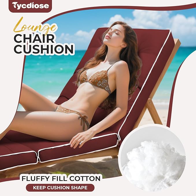 Outdoor Chaise Lounge Chair Cushion, Waterproof Non-Slip Patio Chaise Lounge Cushions for Outdoor Furniture, Thickened Patio Pool Lounger Chair Cushion, 76.4 x 22.8 x 4.7 Inches, Red