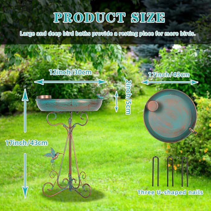 dreamysoul Bird Bath 12" Dia Bowl, Metal Birdbath with Feeder, Pedestal Bird Baths for Outside Outdoors Garden Patio Yard (Bronze)