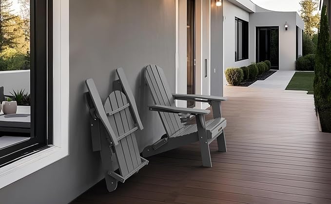 Folding Adirondack Chair Set of 2, Wooden Textured Plastic Adirondack Chairs with 2 Cup Holder, Weather Resistant HDPE Fire Pit Chair, Outdoor Patio Chairs for Garden, Backyard, Lawn, Deck, Grey