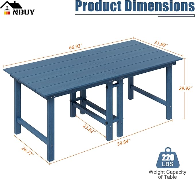 Anbuy Patio HDPE Dining Table Sets,Removable 2-in-1 Outdoor Patio Table,Dining Table for 6,Sun-Resistant and Easy to Clean, Low Maintenance for Balcony, Backyard, Lawn, Garden(Blue)