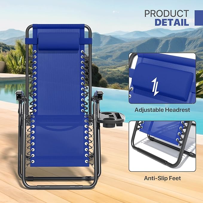 Magshion Zero Gravity Lounge Chair, Adjustable Folding Recliner with Cup Holder Side Tray & Removable Headrest Pillow, Portable Outdoor Patio Lounger for Camping, Beach, Lawn, Backyard, Blue