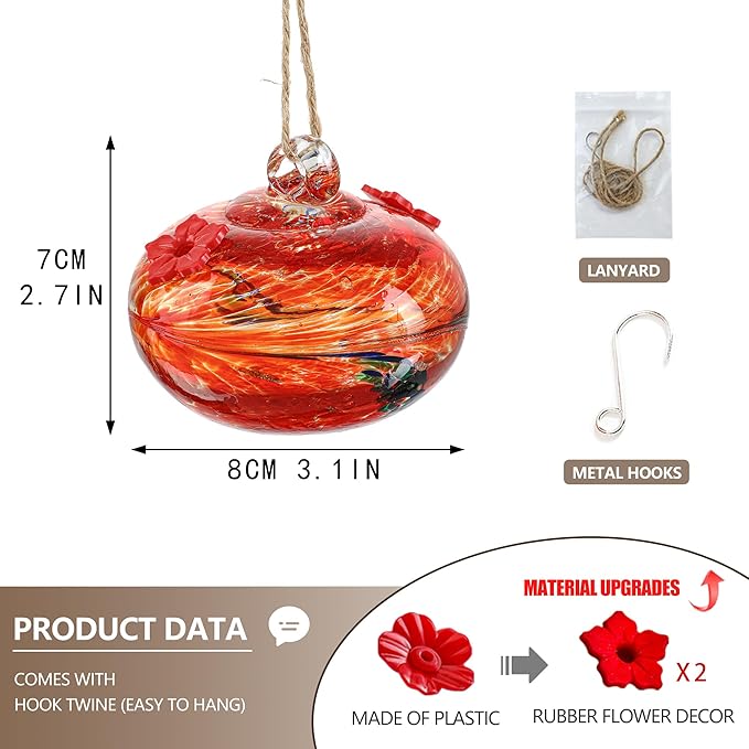 3inch Hand Blown Glass Hummingbird Feeder Colorful Hanging Glass Feeder with 2 Feeding Ports for Outside Garden Window Patio Decoration