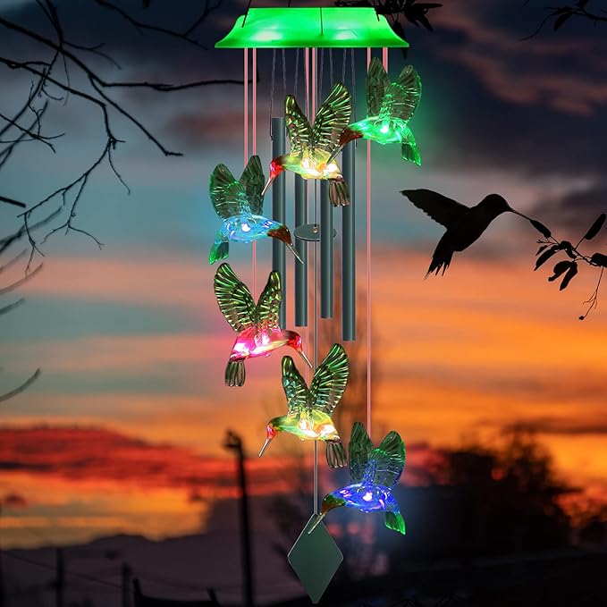 Solar Wind Chimes for Outside - 37" WANQDG 6 LED Hummingbird Color Changing Wind Chime with 4 Green Metal Tube, Music Wind Chimes Great as a Gift for Women mom Grandma Best Friends' Birthday Gift