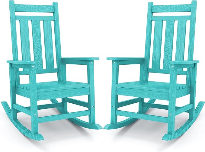 KINGYES Outdoor Rocking Chair Set of 2, All-Weather Patio Rocking Chairs for Porch, HDPE Rocking Outdoor Chairs with High Back for Adult, Heavy Duty Outdoor Patio Rockers for Garden, Lawn, Aruba