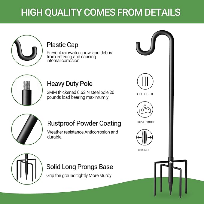 92" Shepherds Hooks for Outdoor, Extra Thick Bird Feeder Pole with 5 Prong Base, Adjustable Shepards Hook for Garden, Weddings, Hanging Plant