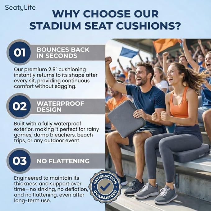 Premium Stadium Seat Cushions for Bleachers – Extra Thick for Long Sitting Hours, Waterproof 2-Pack Bleacher Cushions, Portable, Lightweight Stadium Seat Pads, Suitable for Outdoor Use (Grey)
