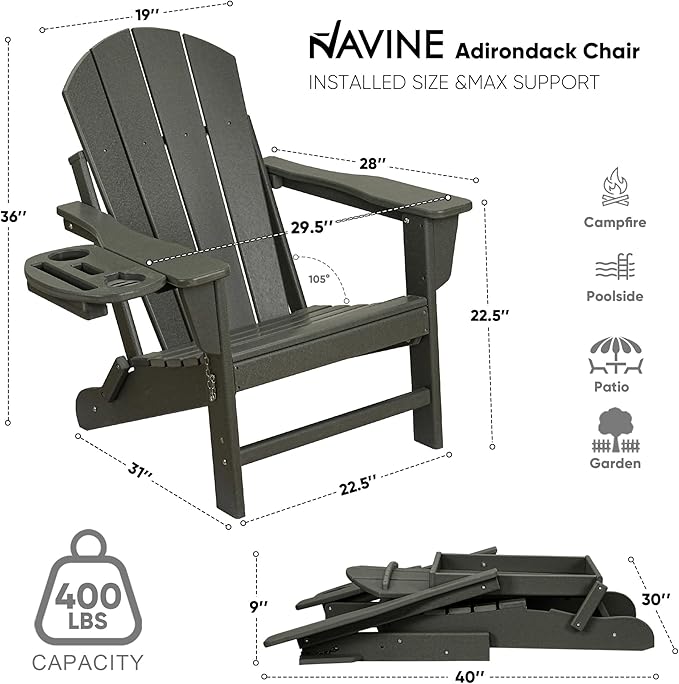 Adirondack Chair Set of 6, HDPE Folding Adirondack Chair with Multifunctional Cup Holder, Weather Resistant Fire Pit Chair for porches, patios, poolsides, Decks.