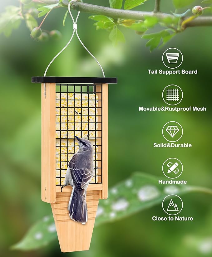 Wooden Suet Bird Feeder for Outside Hanging, Large Woodpecker Suet Feeder with Tail Prop, Double Suet Cakes Hanging Bird Feeder for Wild Birds, 1 Pack, Black