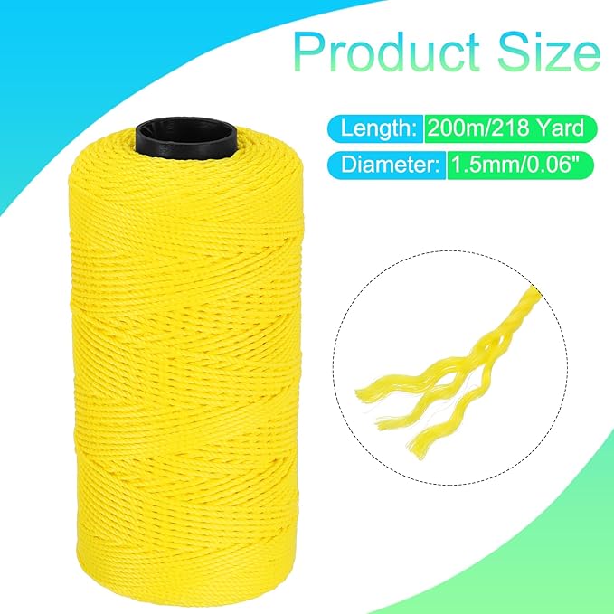 MECCANIXITY Nylon String 3 Strands Twisted Mason Line 1.5mm x 218 Yards Nylon Twine String for DIY Projects, Home Improvement, Gardening, Gift Wrapping, Christmas Party Supplies, Yellow