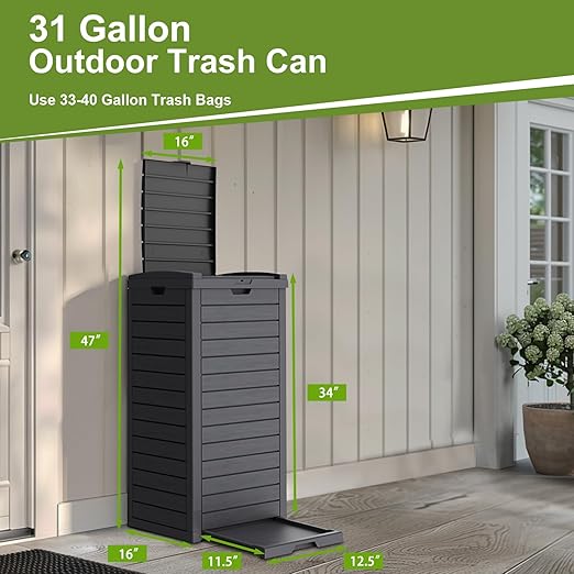 31 Gallon Outdoor Trash Can, Waterproof Trash Can Cabinet for Outside, Resin Garbage Bin with Lid and Drip Tray for Easy Cleaning for Patios, Kitchens, and Outdoor Entertaining（Black）