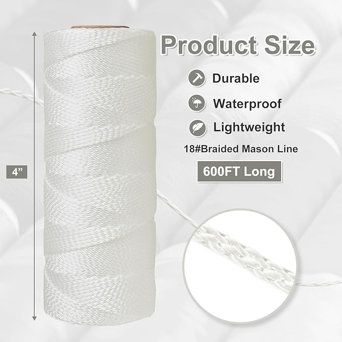Mason Line String Line,600 Ft Length Nylon Twine,18 Braided Nylon String for Gardening Or Masonry Tools,Twine String for Gardening,White