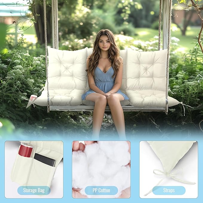 NACATIN 3 Seat Cushion for Outdoor Swing - 60x40 inches, 4" Thick Porch Swing Cushions with Ties and Storage Bag, Waterproof Bench Cushions for Patio, Outdoor, Backyard and Garden (Beige)