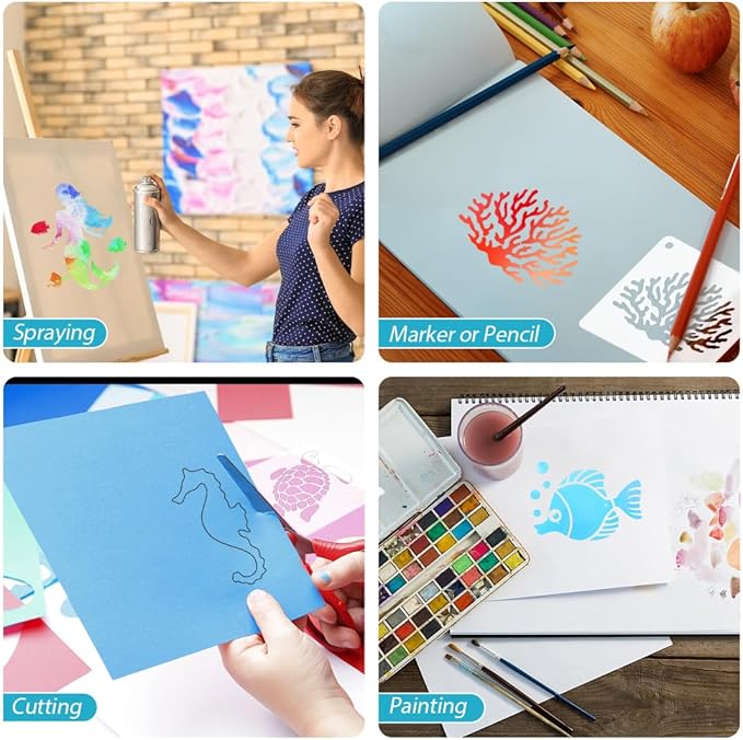 50 PCS Ocean Animal Painting Stencils Reusable Sea Stencils for Painting on Wood Rocks Canvas Fabric Glass Pottery 4x4 Inch