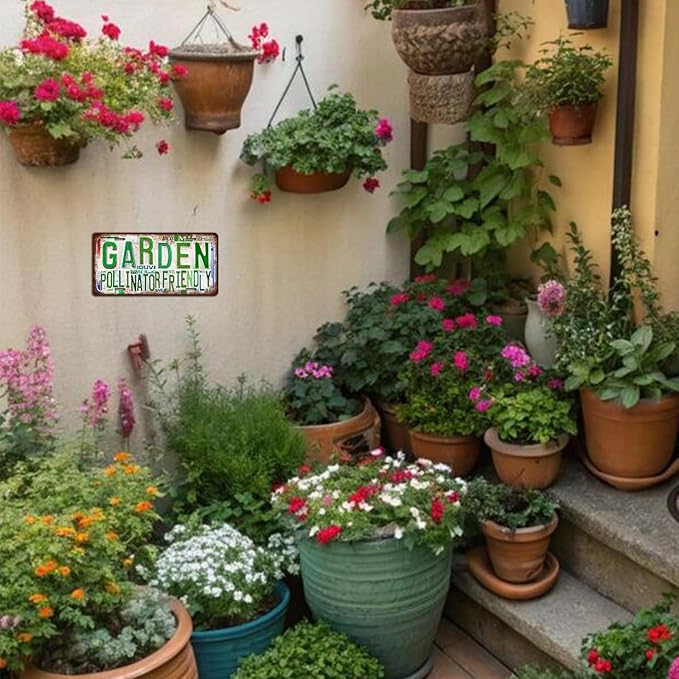 Vintage Garden Metal Tin Sign License Plate Wall Decor for Garden Lover 12 x 6 Inches - Pollinator Friendly
