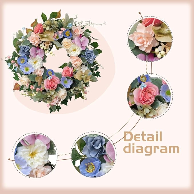 22" Artificial Flower Wreath, Colorful Spring/Summer Floral Wreaths with Roses Orchid Gardenia Hydrangea for Front Door Wall Window Holiday Festival Party Banquet Wedding Decor