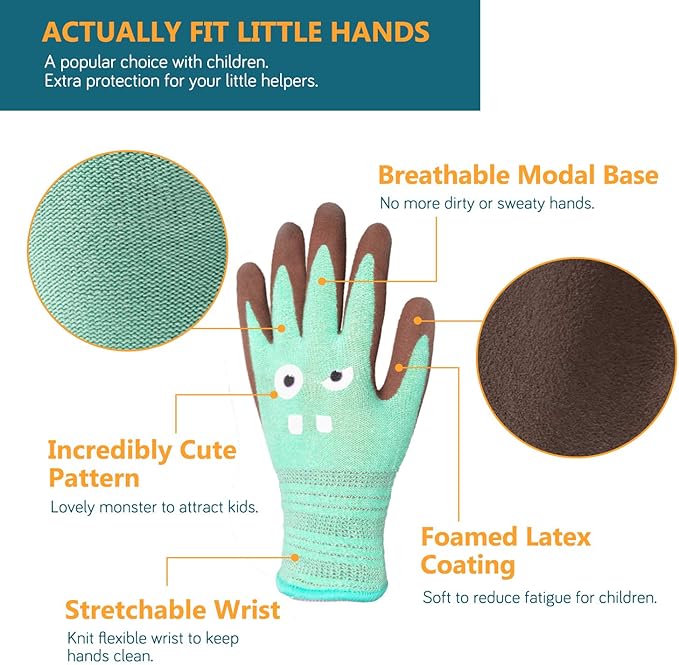 COOLJOB 2 Pairs Modal Toddler Work Gloves Ages 9-12, Rubber Coated Kids Gardening Gloves for Children, Ultra Soft Skin-friendly (Little Monster Series, Large L)