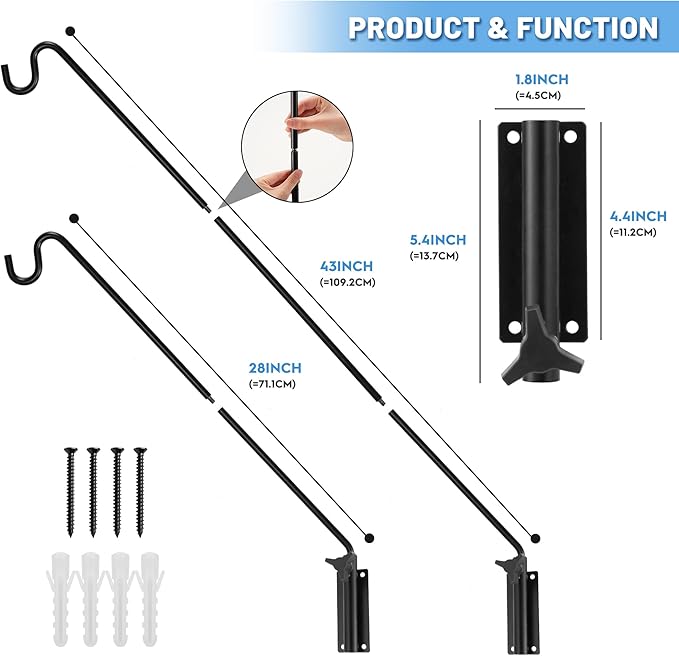 ERYTLLY 2 Packs Heavy Duty Deck Hook Wall Mounted, Extensible and Adjustable Deck Hook for Hanging Bird Feeder, Plants, Suet Baskets,Wind Chimes,Lanterns and More