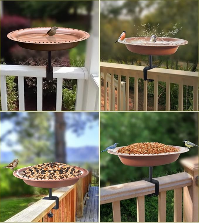 Garbuildman Deck Mounted Bird Bath Bowl Spa Birdfeeder & Adjustable Unheated Birdbath with Heavy Duty Clamp for Outdoor Garden, Oval Style, Brown