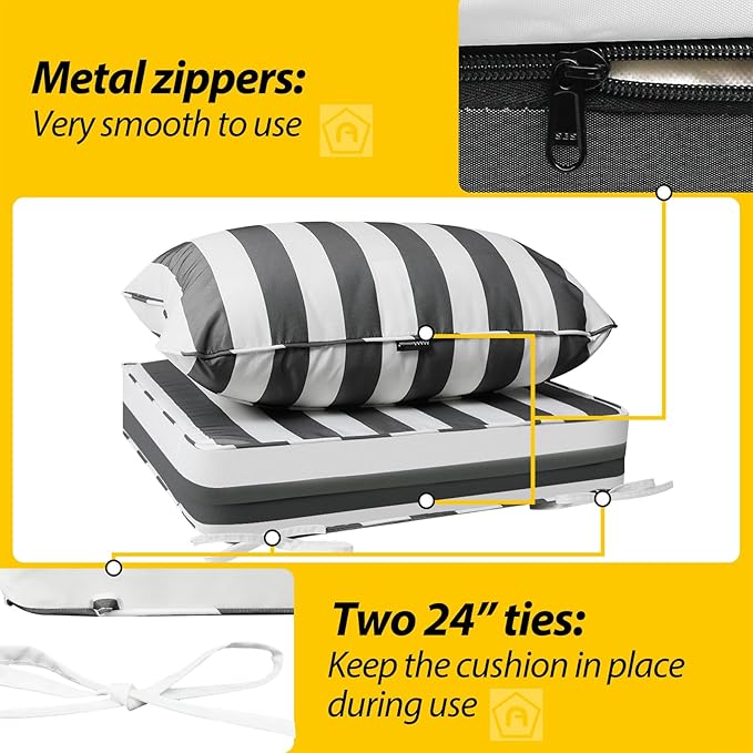 AAAAAcessories Outdoor Deep Seat Cushions, Waterproof, Fade-Resistant Patio Furniture Replacement Cushions, 24" x 24" x 5", Set of 4, Gray Cabana Stripe