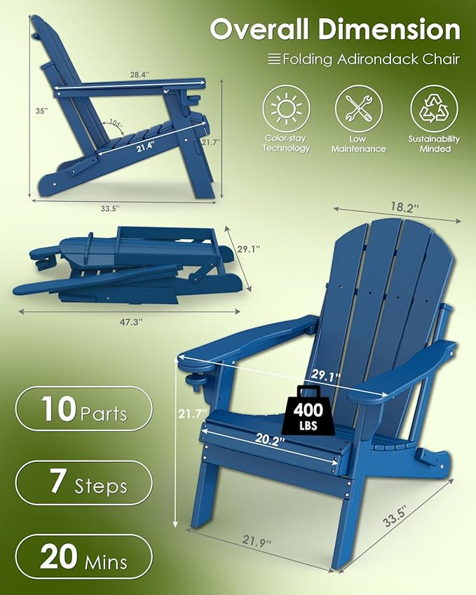 GREENVINES Folding-Adirondack-Chair | HDPE Plastic | Fire Pit Chairs | All Weather | Cup Holder | Blue | for Deck Backyard Patio Outdoor Garden