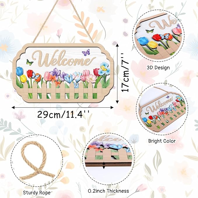 HOURIA 3D Spring Welcome Front Door Sign (11.4”x7”),Floral Butterfly Garden Sign,Colorful Tulip Flower Wreath Sign,Spring Decorations for Home Office Indoor Outdoor