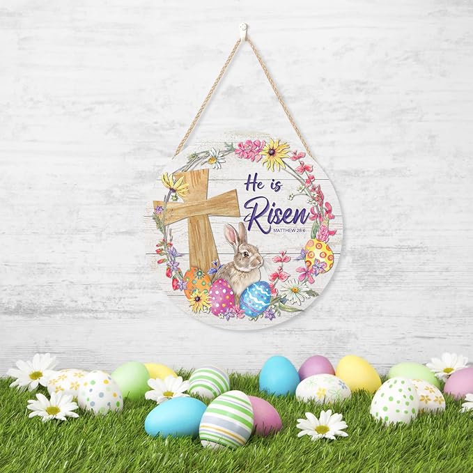 CHDITB Easter Religious Wooden Sign, He is Risen Christian Wooden Hanging Plaque,Bunny Easter Eggs Door Hanger, Easter Holiday Decor, Easter Floral Wreath Wall Art Sign Hanger for Easter Party