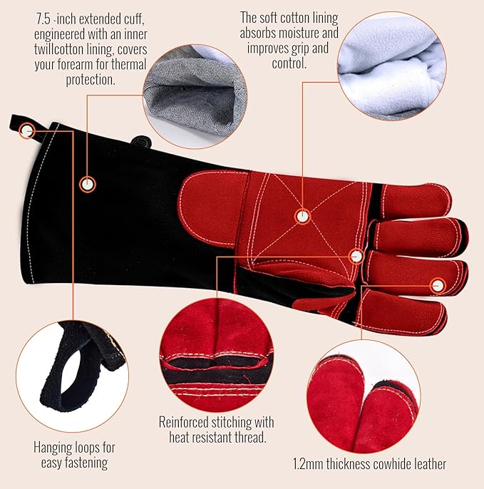 JKSafety Welding Gloves for Men,932°F Heat Resistant Gloves Mitts for Welders,Stick,Tig,Mig,Forge,Oven,Fireplace,Furnace