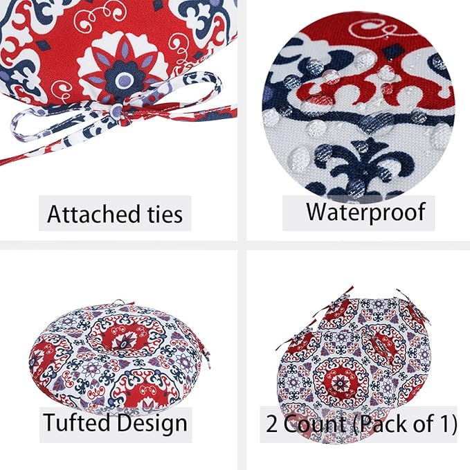 Bistro Chair Cushions 15 inch,Set of 2,Tufted Round Chair Cushions with Ties,15"x15"x4",Water Resistant Round Seat Cushion for Barstool Chairs,Patio Garden Kitchen Outdoor Furniture(Red Medal)