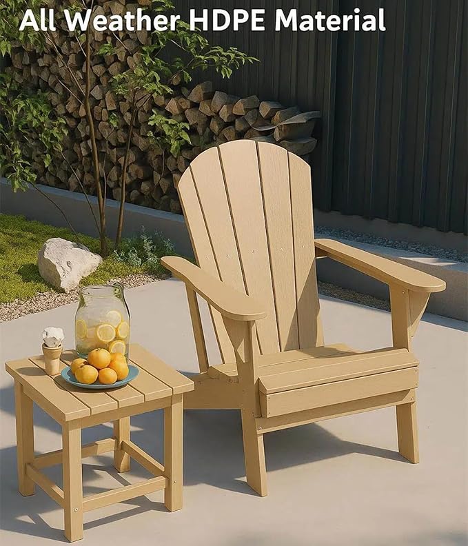 GLANC Folding Adirondack Chair Set of 2, HDPE All-Weather Outdoor Patio Fire Pit Chairs Lawn Chair for Poolside Backyard Deck Balcony, Wooden Textured with Cup Holder, 380LBS Capacity (Brown)